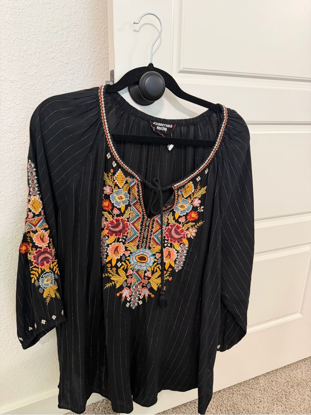 Johnny Was Black Peasant Blouse with Multicolor Floral Embroidery
